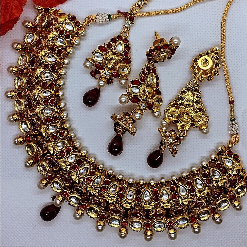 Vermilion Necklace,Earrings&Tikka(head piece) Set